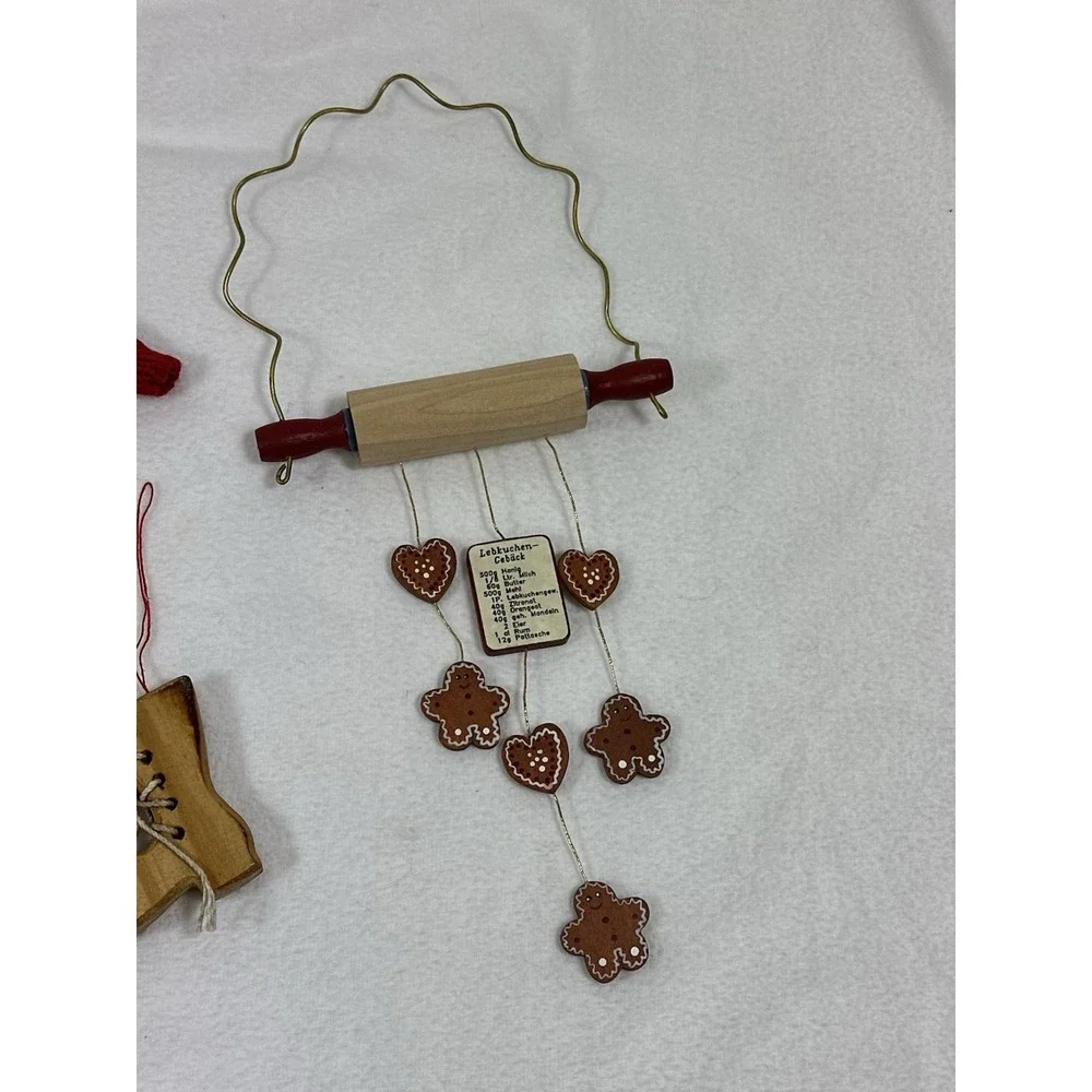 Wooden Christmas Ornaments Teddy Bear Heart German Gingerbread Lot Of 6 Country